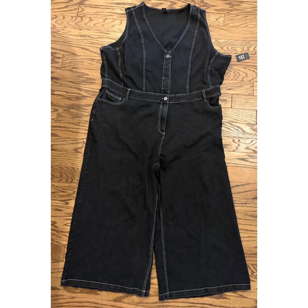 Ashley Stewart 30/32 Black Denim Jumpsuit Wide Leg Sleeveless Grunge Romper